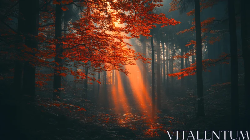 Sunlight Through Red Leaves in a Mystical Forest AI Image