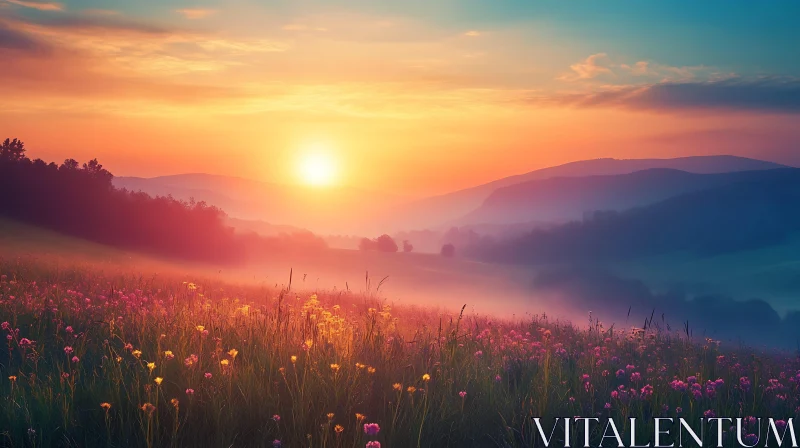 Floral Meadow at Sunset AI Image