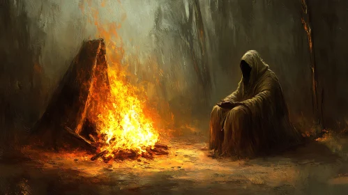 Dark Forest Campfire with Mysterious Figure