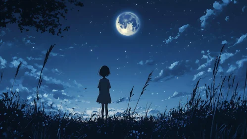 Stargazing Girl Under the Moon