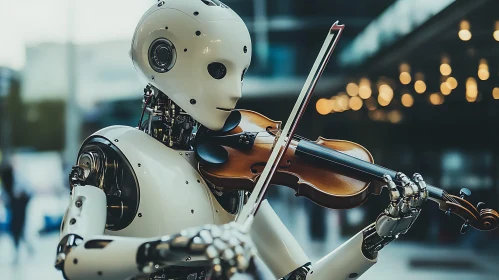 Advanced Robot Violinist Performing in Modern Cityscape