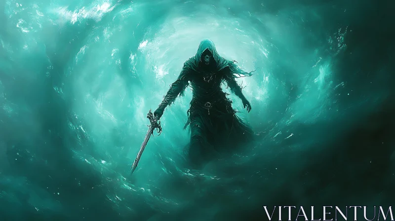 AI ART Cloaked Warrior Emerging from Teal Vortex