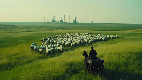 Sheep Grazing in Green Field