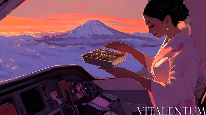 AI ART Airplane Cockpit Dining with Sunset Mountain View