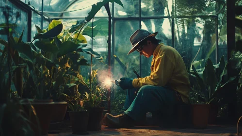 Man Welding in a Greenhouse