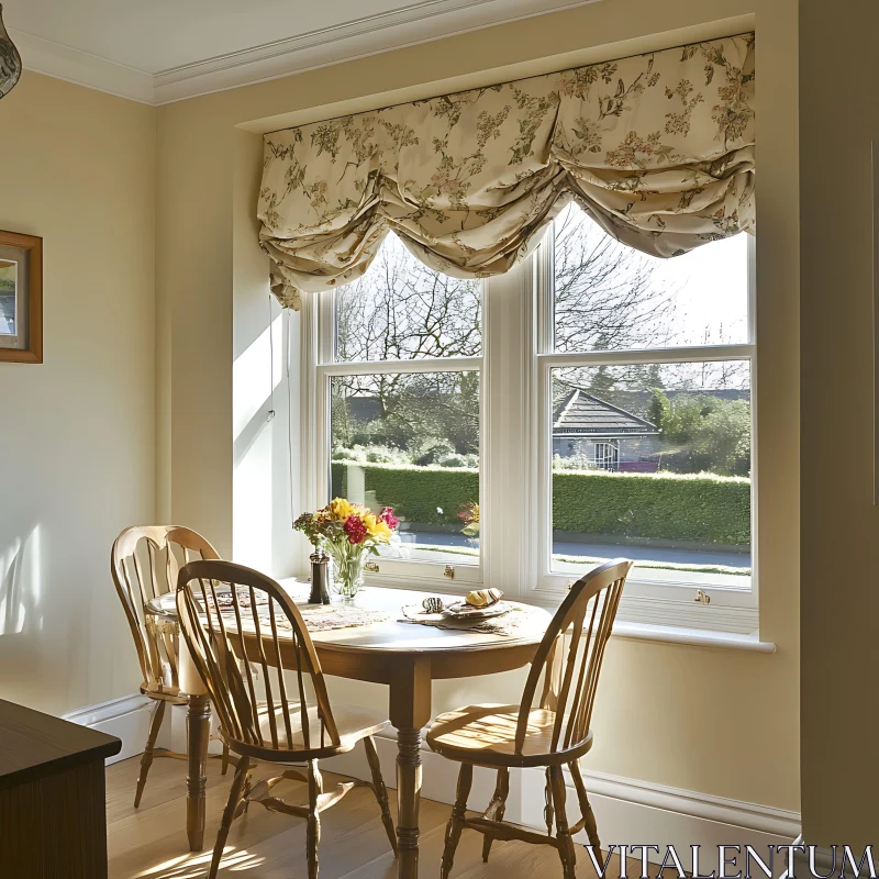 Sunlit Dining Area with Floral Accents AI Image