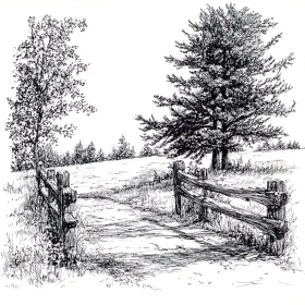 Monochrome Field Scene with Wooden Fence