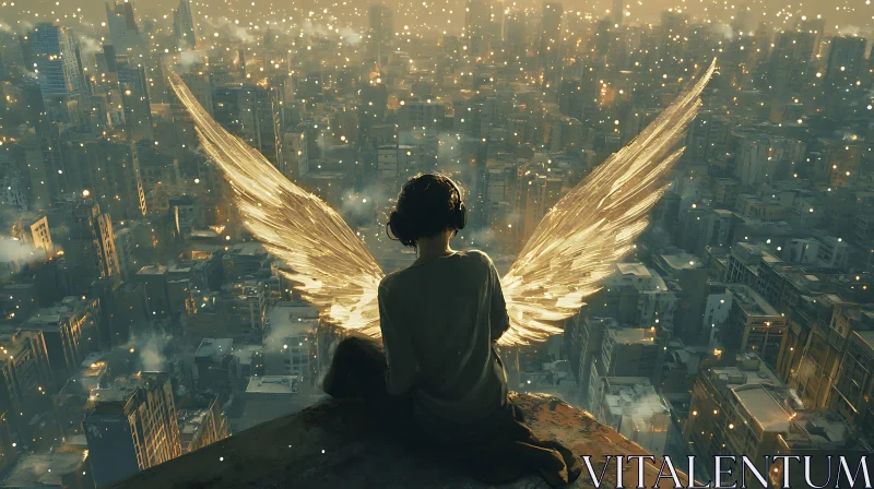 AI ART Urban Angel: Contemplation Above the Metropolis