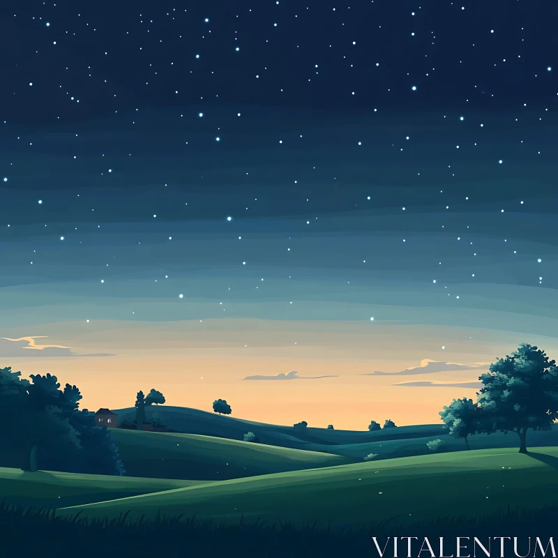 AI ART Night Sky Landscape with Green Hills