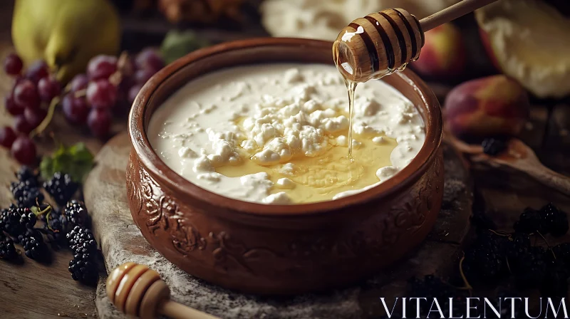 Cottage Cheese & Honey in Rustic Clay Bowl AI Image