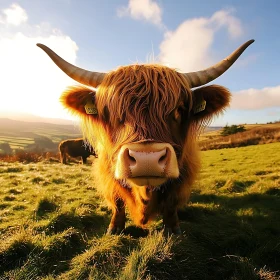 Fluffy Highland Cow in Grassy Field