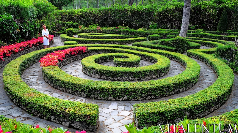 Spiral Hedges and Blooms in Formal Garden AI Image