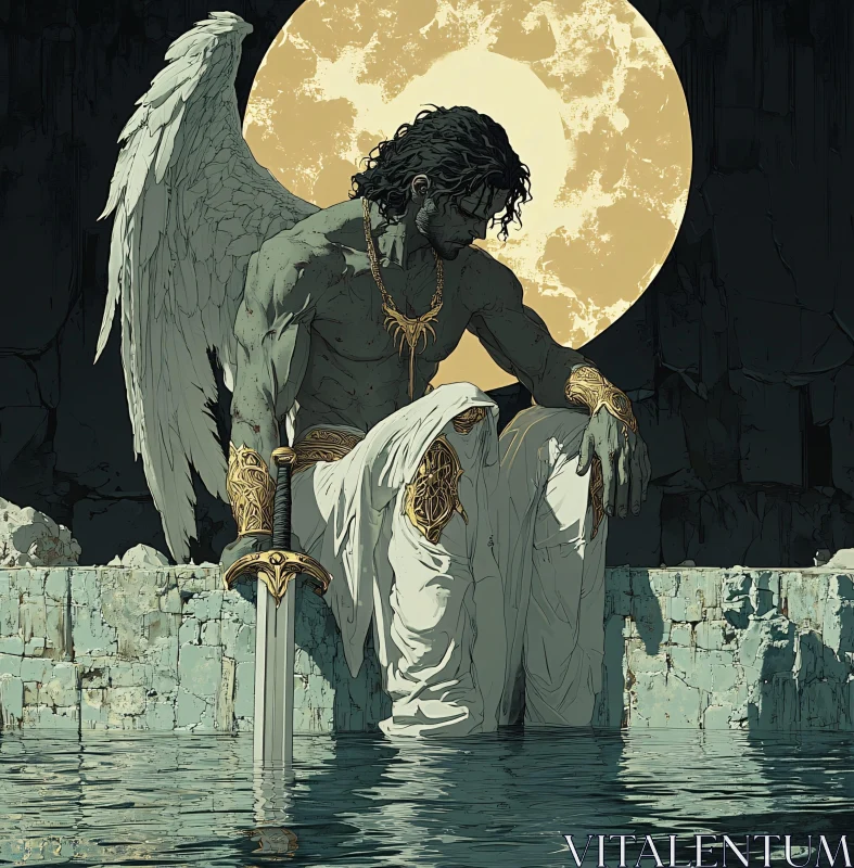 AI ART Moonlit Angel with Sword by Water