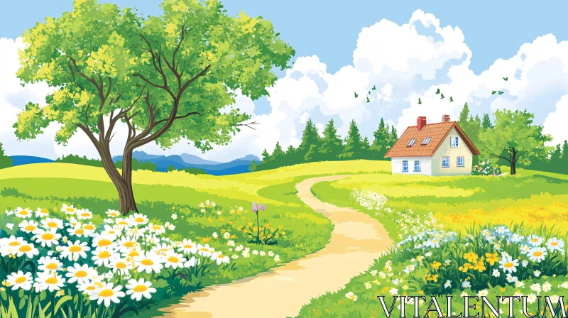 Idyllic Countryside Scene with Winding Path AI Image