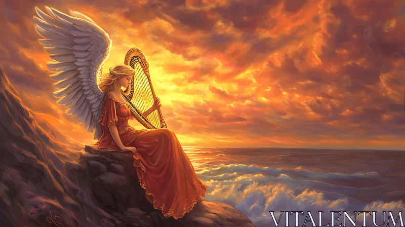 AI ART Coastal Angel with Harp at Sunset