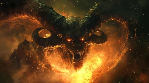 Fiery Demon with Horns in Smoky Abyss