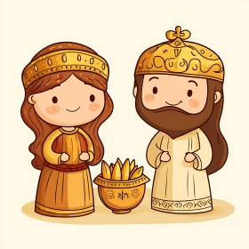 Cartoon King and Queen with Offering Bowl