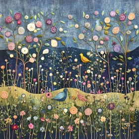 Floral Meadow with Birds Textile Art