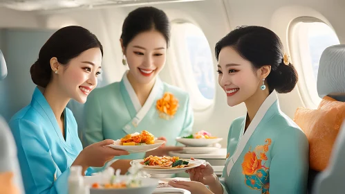 Flight Attendants Interacting and Serving Food