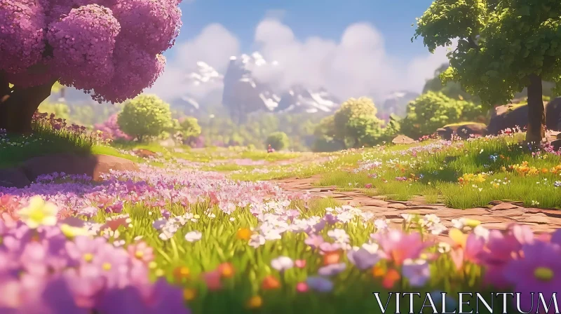 AI ART Floral Meadow Path to Mountains