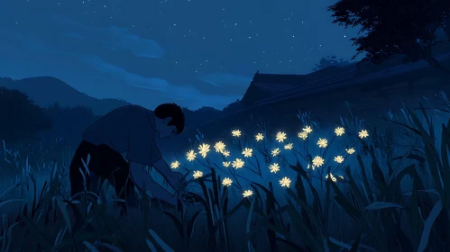 Man with Luminous Flowers at Night