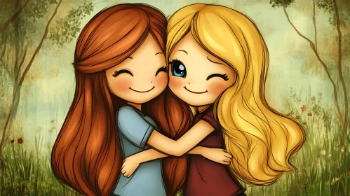 Illustration of Two Best Friends Hugging