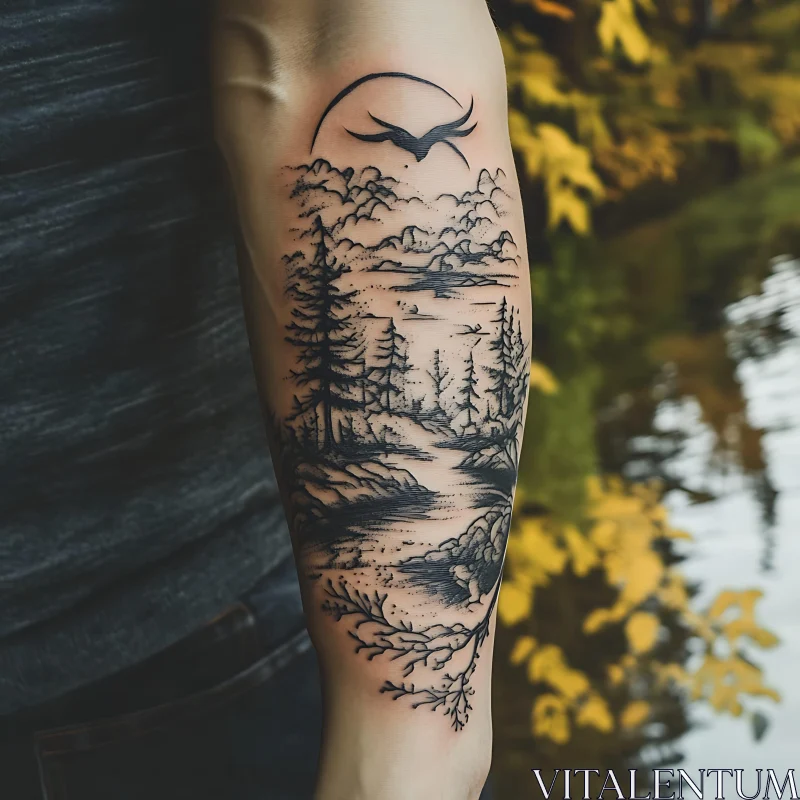 Intricate Forearm Tattoo with Forest and River Scene AI Image