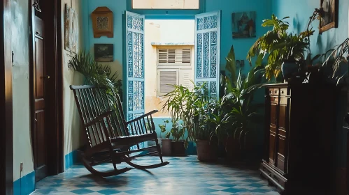 Vintage Room with Indoor Plants and Open Door