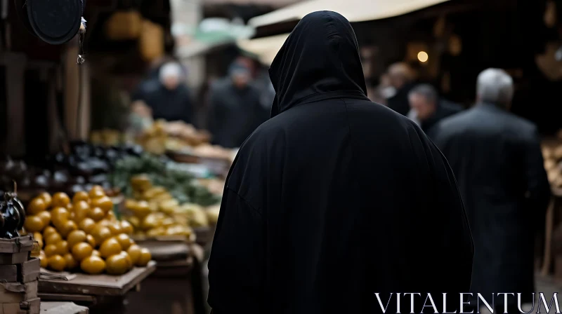 AI ART Hooded Figure in Urban Market Scene