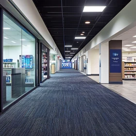 Interior Hallway with Shops and Blue Carpet