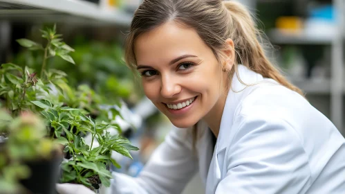 Smiling Woman with Green Plants