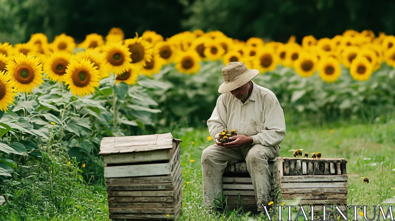 Rural Beekeeping Scene with Sunflowers AI Image