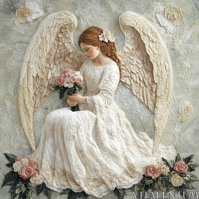 Ethereal Angel with Roses in White Dress AI Image