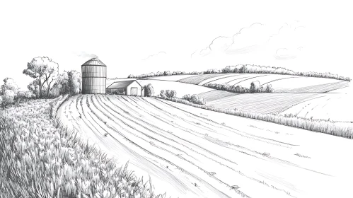 Rural Farm Scene in Black and White