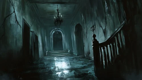 Dark Hallway with Chandelier