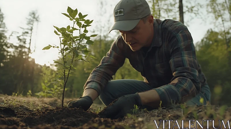 Man Planting Tree Sapling in Forest AI Image