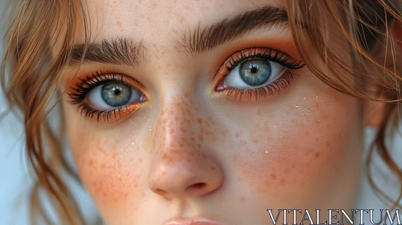 Captivating Close-Up Portrait of a Young Woman with Light Blue Eyes and Freckles AI Image