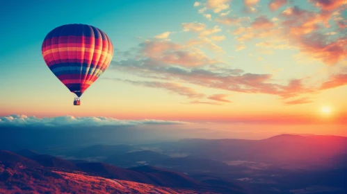 Colorful Hot Air Balloon Over Mountain at Sunset