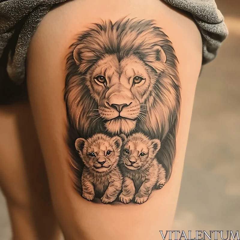 Majestic Lion and Cubs Ink Art Tattoo AI Image