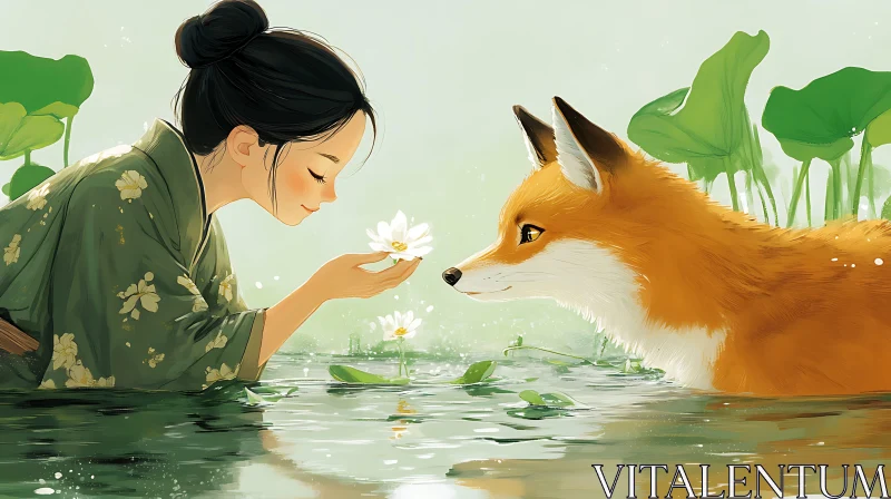 Tranquil Moment: Girl, Fox, and Water Lily AI Image