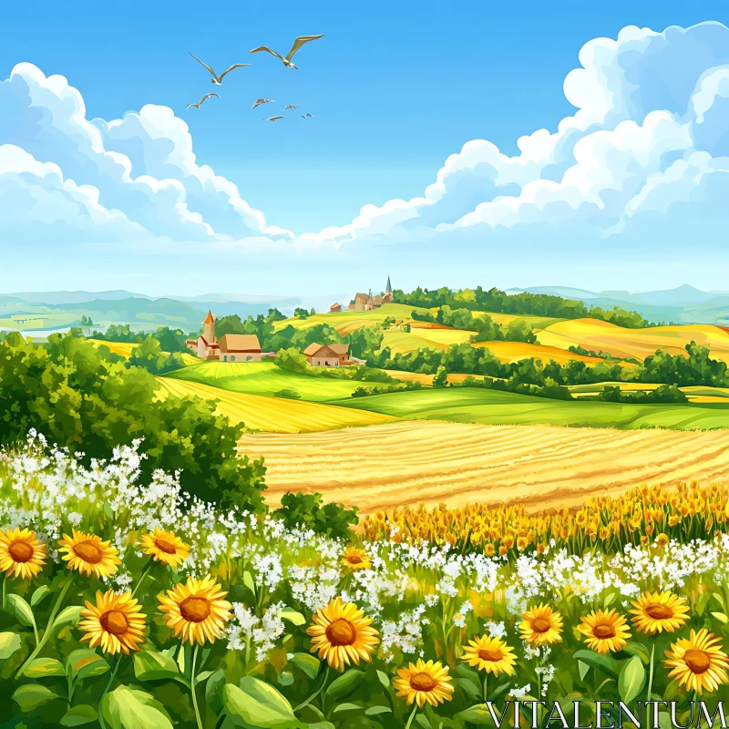 AI ART Cartoon Sunflower Field with Birds