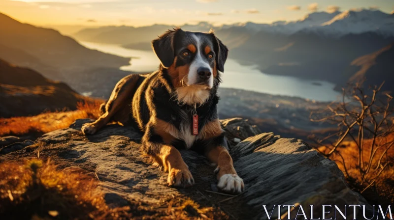 Golden Light Bernese Mountain Dog Portrait in Mountainous Landscape AI Image