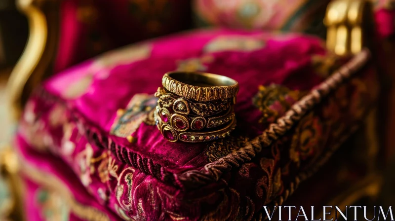 Golden Ring with Gemstones on Pink Velvet Cushion AI Image