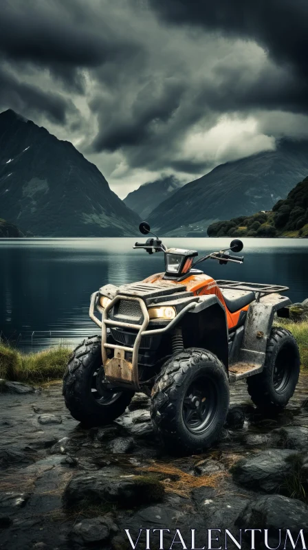 Orange ATV on Rocky Terrain: Dramatic Landscapes and Technological Marvels AI Image