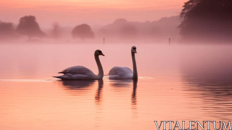 Romantic Sunrise with Swans on a Lake in English Countryside AI Image