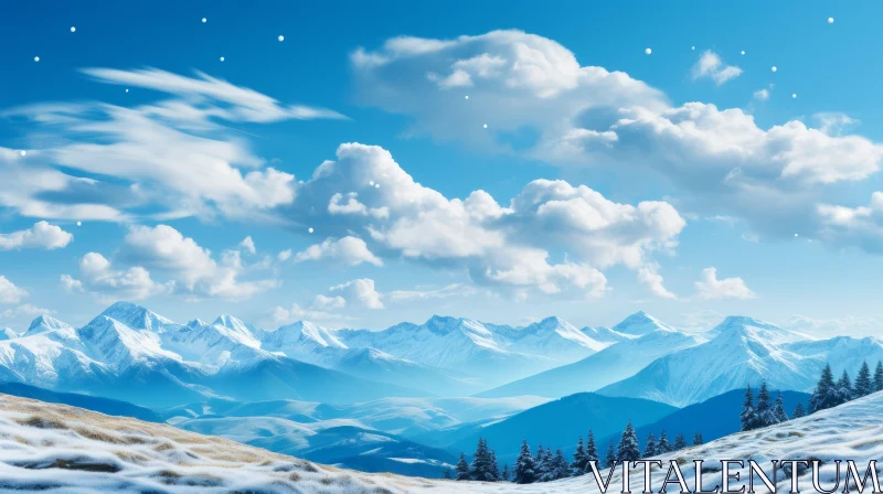 Snow-Covered Landscape with Clouds: A Dreamlike Nature Illustration AI Image