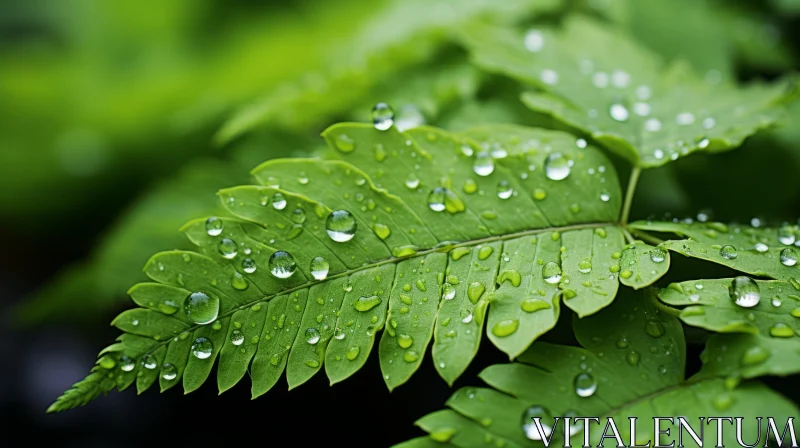 Tropical Symbolism: Tranquil Gardenscapes in Rain-kissed Fern Leaves AI Image