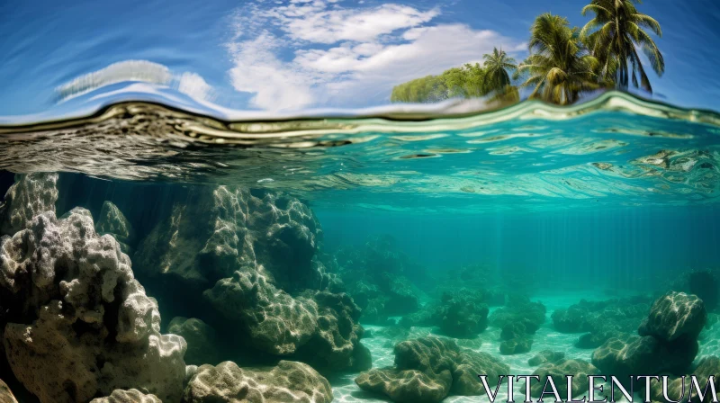 Underwater Ocean View with Lava Rocks and Palm Trees AI Image