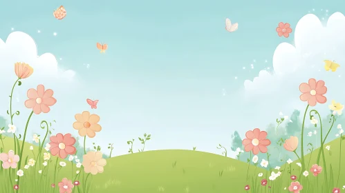 Floral Meadow with Butterflies Illustration