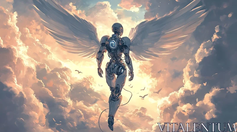 Futuristic Cyborg Flying Among Clouds AI Image